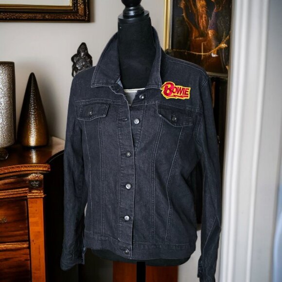 NEW BOWIE (LG) Black Denim Embroidered Metal Button Up Stretch Bomber Jacket - Picture 4 of 10